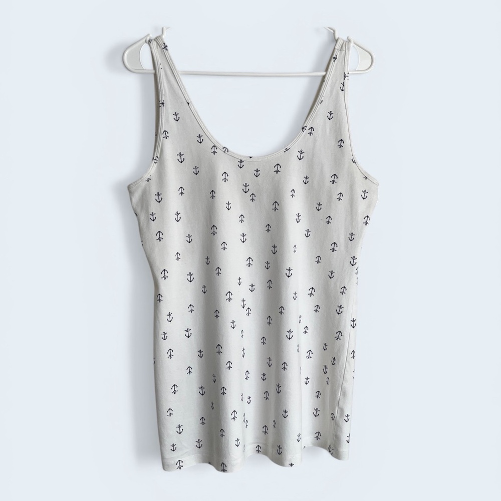 Maurices White Cotton Tank Top with Navy Anchors Size Large